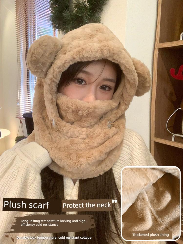 Bear Hat and Scarf Set for Women, Winter Warm and Cute Plush Ear-Protecting Lei Feng Hat, Cycling Three-Piece Set with Neck Warmer for Winter