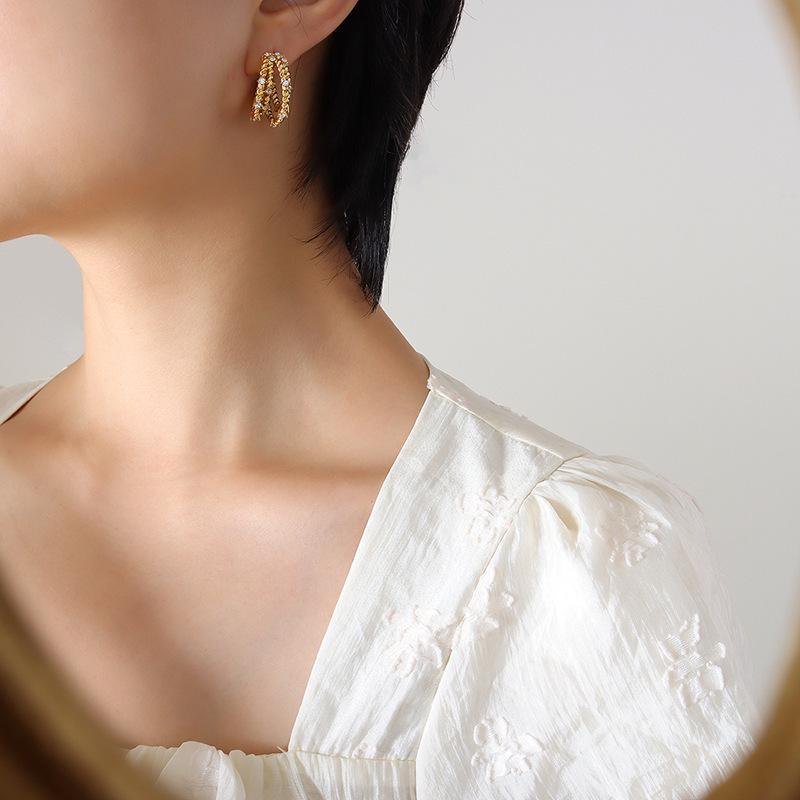 Korean Zircon-Studded C-Shaped Earrings - Multi-Layered, Non-Fading Summer Design
