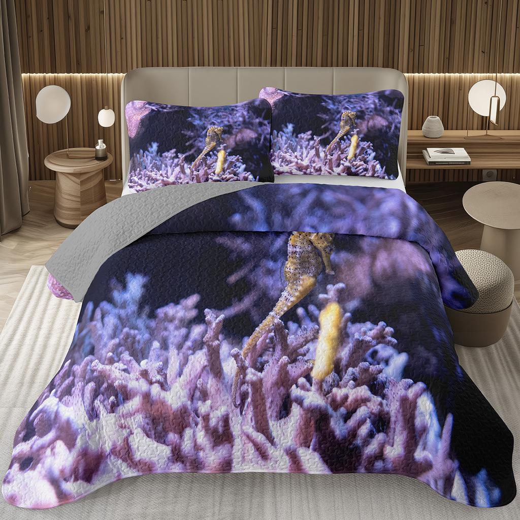 Comforter Seahorse Queen Size 3D Seahorse Printed Bedding Set Ocean Animal Quilted Marine Mediterranean Style Bed