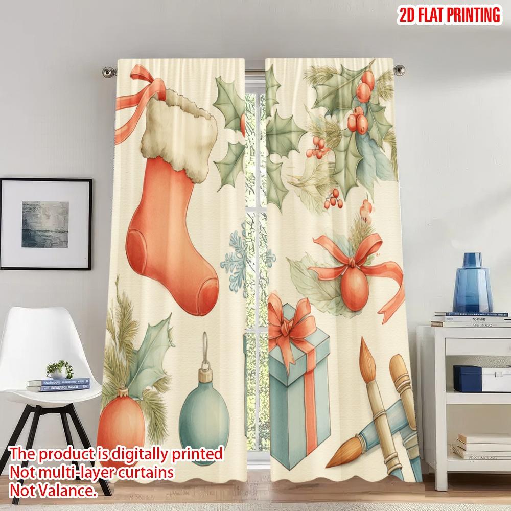 

Flat Printing Christmas Curtains Holly Baubles Stockings Present Digital Printed Polyester Drapes Party Set Of 2 Made W100*H70(CM)-Grommet top&2PCS
