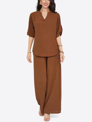 Womens Loose Two Piece Set V Neck Three Quarter Sleeve Top and Wide Leg Pants