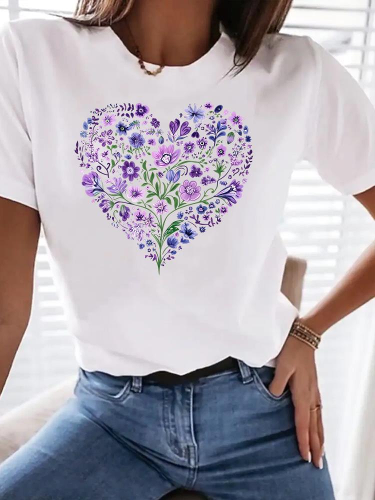 (Asian Size) Tee Top Clothing T Shirt Women Leopard Love Heart Fashion Woman Print Female Short Sleeve Graphic T-shirts