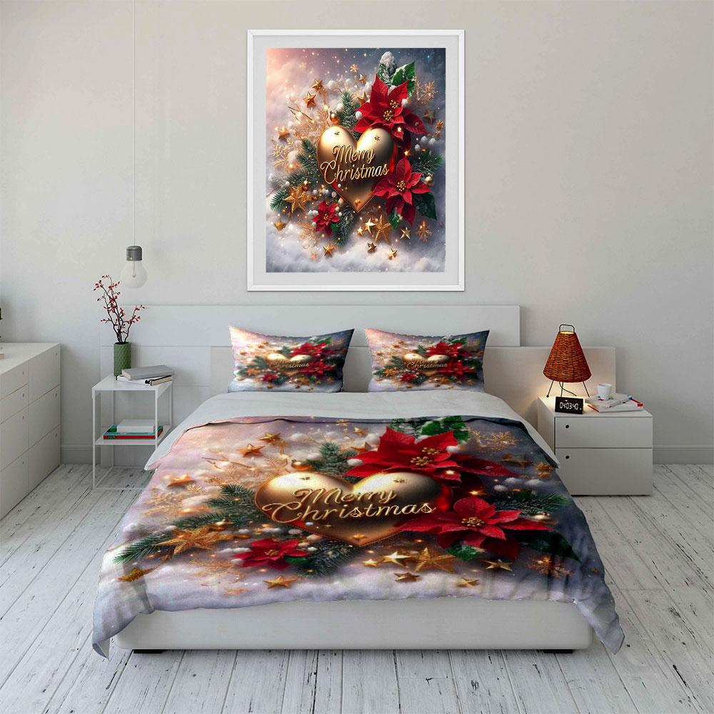 Golden Merry Christmas Design Bedding Duvet Cover Set Duvet Cover Pillowcases (1*Duvet Cover 2*Pillowcases, without duvet insert)