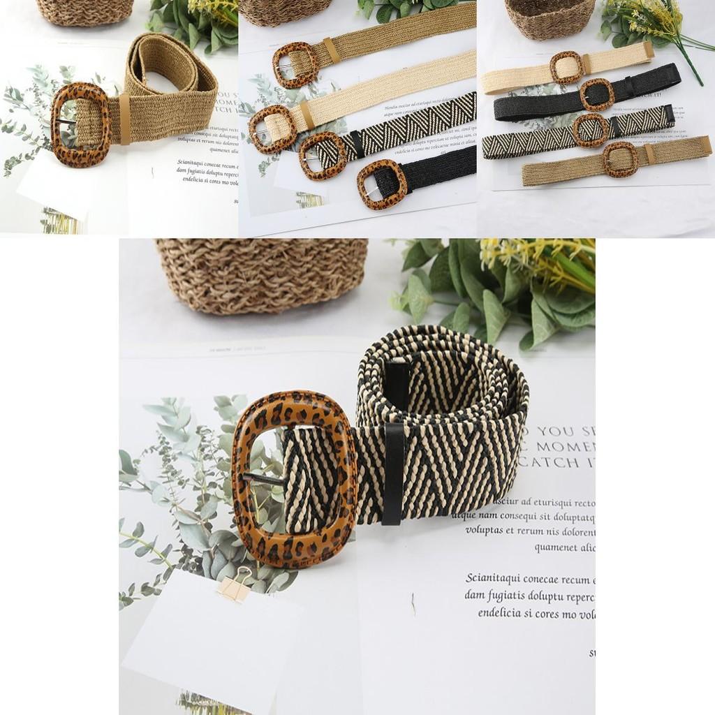 Fashion Leopard Print Buckle Decoration Women Woven Waist Belt For Beach And Casual Looks