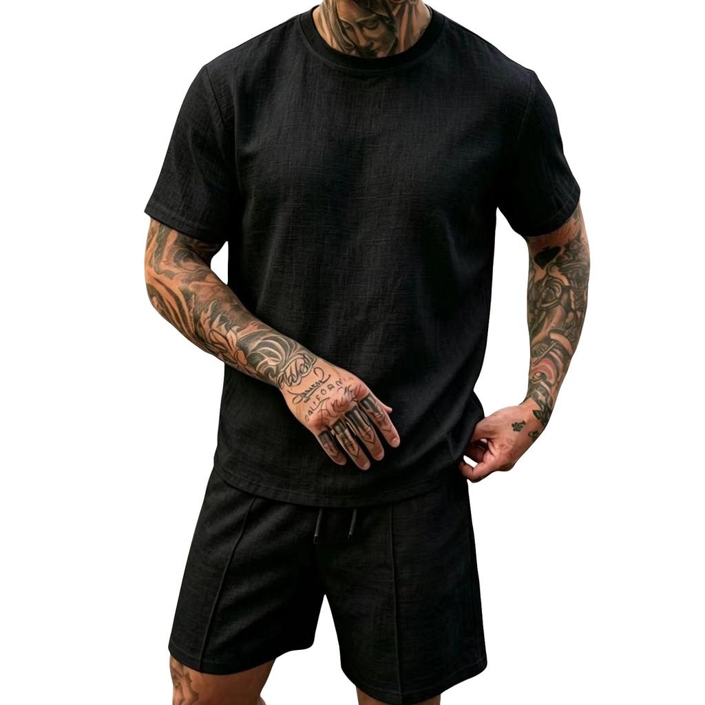 Herren Leinen Kurzarm Rundhals Oberteil und Shorts Set Leicht Atmungsaktiv Lässiges Sommer Outfit Geeignet für Draußen und Drinnen