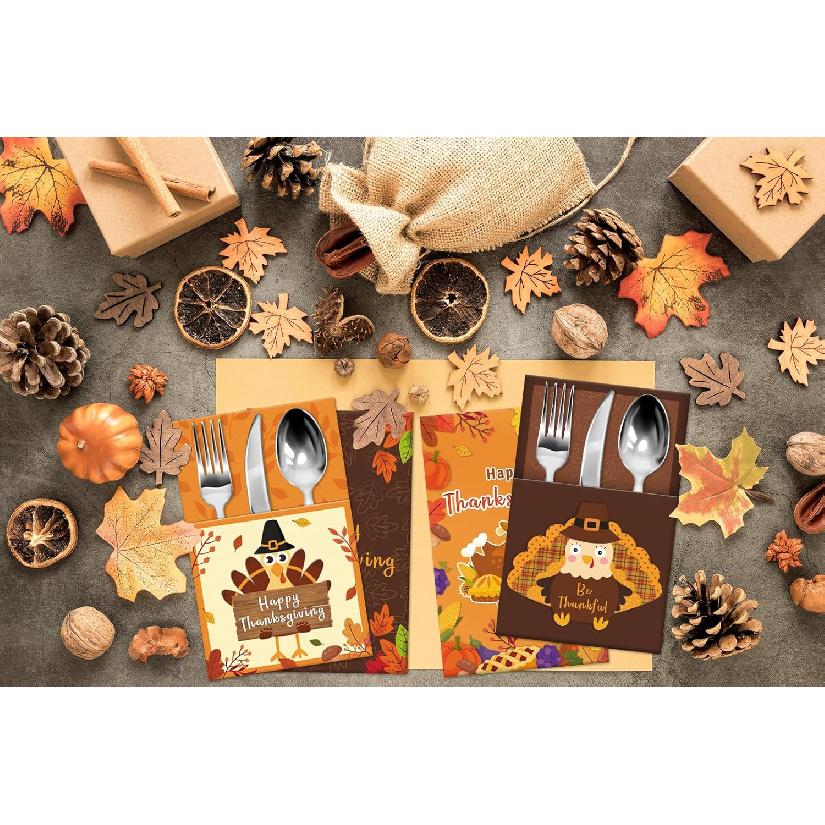 24PCS Thanksgiving Cutlery Holders Set Happy Thanksgiving Turkey Utensil Fall Utensil Holder Turkey Utensils Decor for Autumn Fall Harvest Party