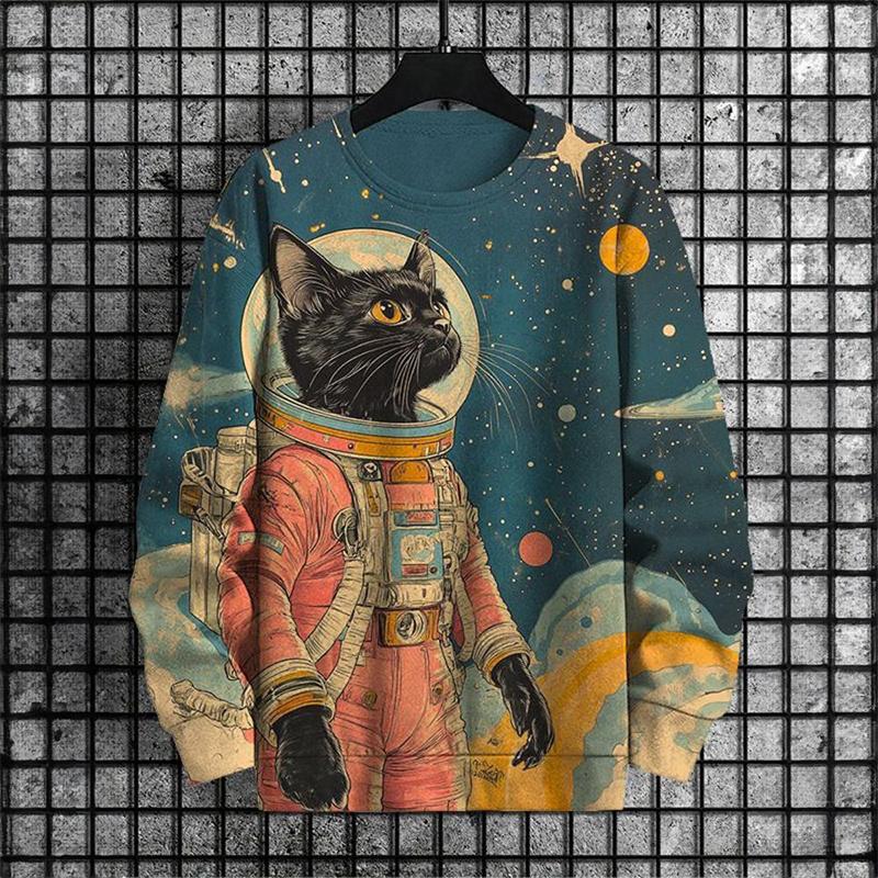 Japanese Pattern Sweatshirts For Women Space Cat 3D Printed Pullover Autumn Oversized O-Neck Hoodies Long Sleeves Clothing Tops