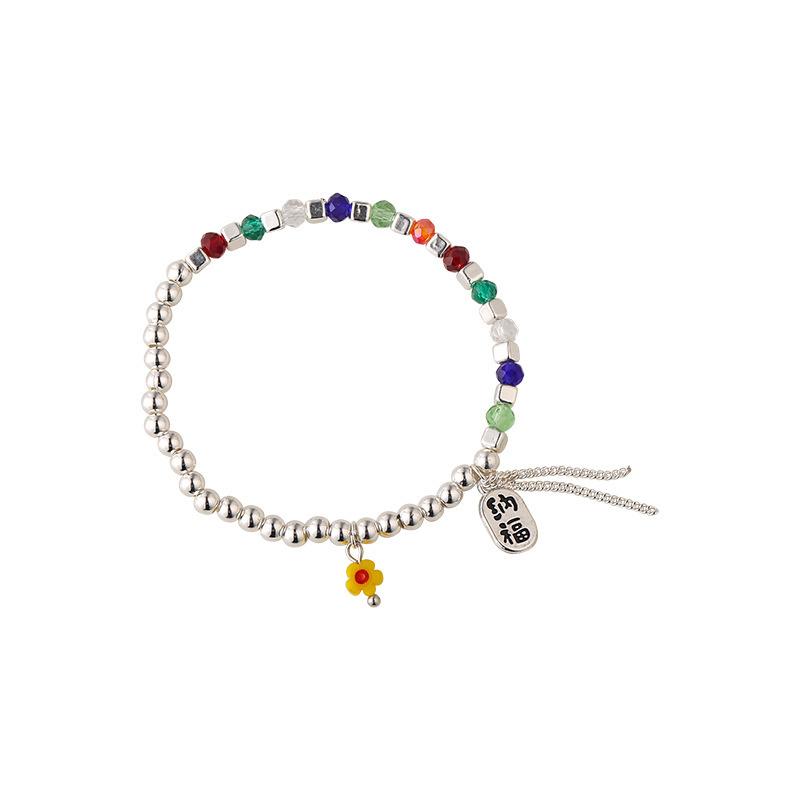 ANENJERY Colored Crystal Beaded Bracelet Women's Niche Design Lucky Fortune Flower Stretch Bracelets Jewelry Accessories