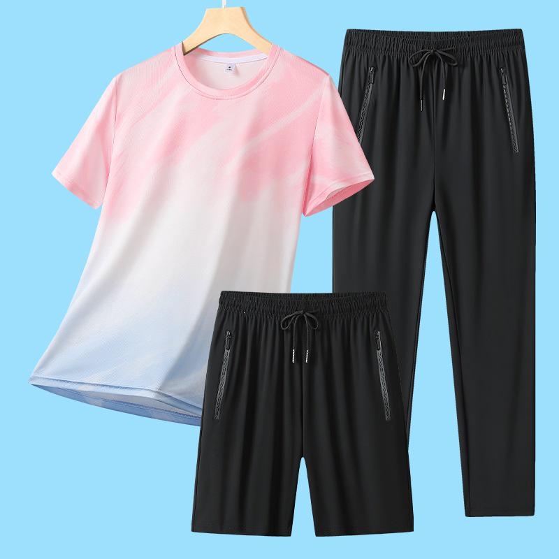 Summer Ice Silk Moisture-Wicking Breathable Sportswear Set - Casual Round Neck Short Sleeve Three-Piece High Quality.