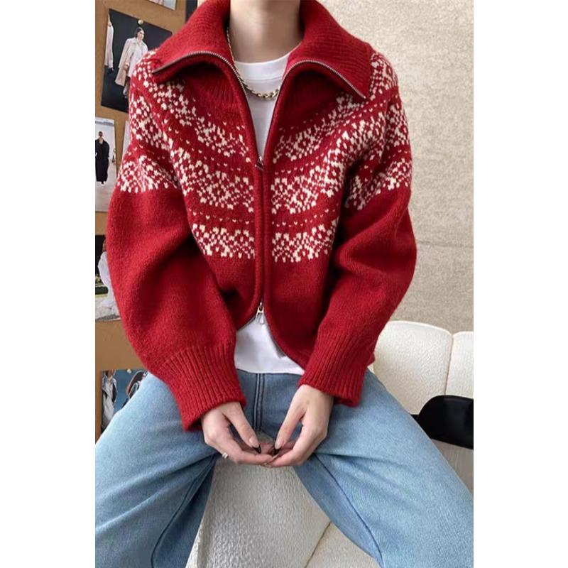 Korean Fashion Autumn Winter Zipper Cardigan Women Sweater Jacket Retro Printed Lapel Loose Knitted Coats Long Sleeve Office Fashion Elegant Clothing