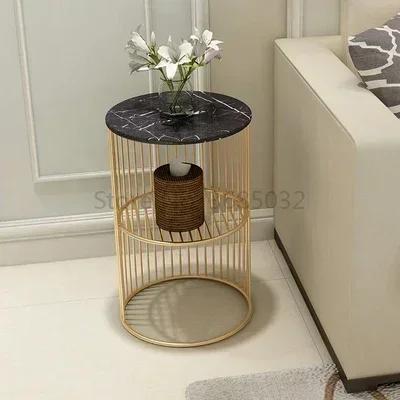 Nordic Golden Iron Coffee Table with Marble Top Minimalist Bedside Small Sofa Shelf Modern Living Room Decor