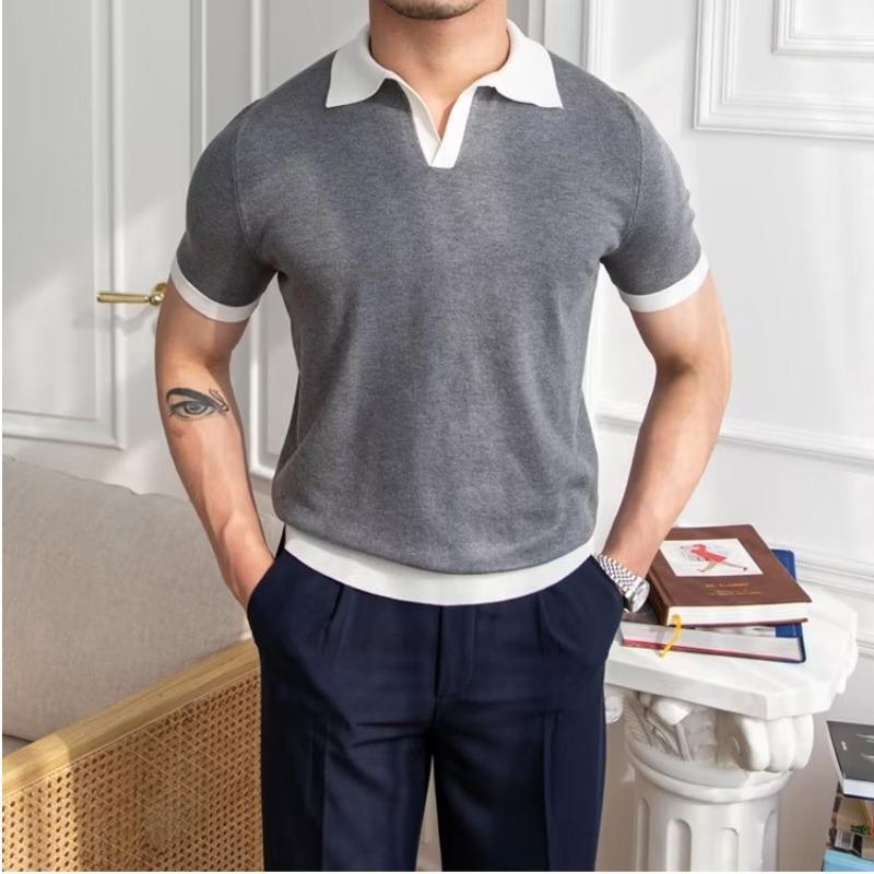 

2023 Мужская модная рубашка поло с японским принтом — однотонная, короткие рукава XL серый