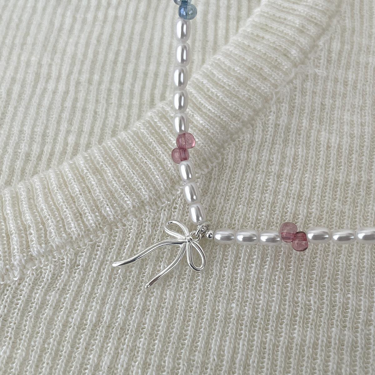 

925 sterling silver ribbon bow necklace women s light luxury Korean sweet pearl collarbone chain high-end new neck chain 925 silver