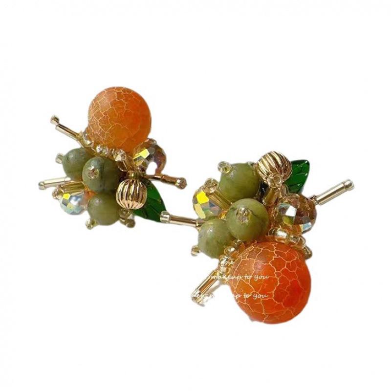Persimmon Wishes: Mori Style Beaded Stud Earrings – Unique Sweet Fruit Design