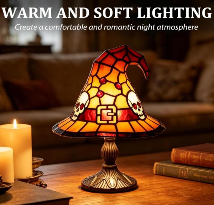 Stained Glass Magic LED Witch Hat Lamp Color USB Plug Resin Night Light Small Ornament30cm