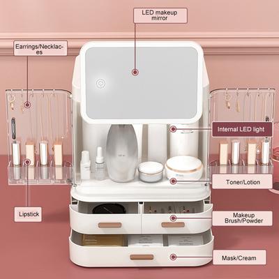New Cosmetic Storage Box With Mirror Led Light Desktop Makeup Organizer Case Dust-Proof Drawer Type Organizer For Cosmetics