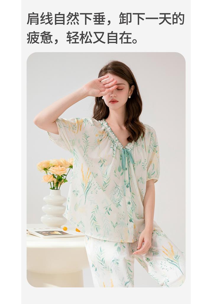 Fenteng [100% Cotton Outerwear] Summer New Lace V-neck Romantic Short Sleeved Seven Quarter Pants Pajamas Women's Home Wear