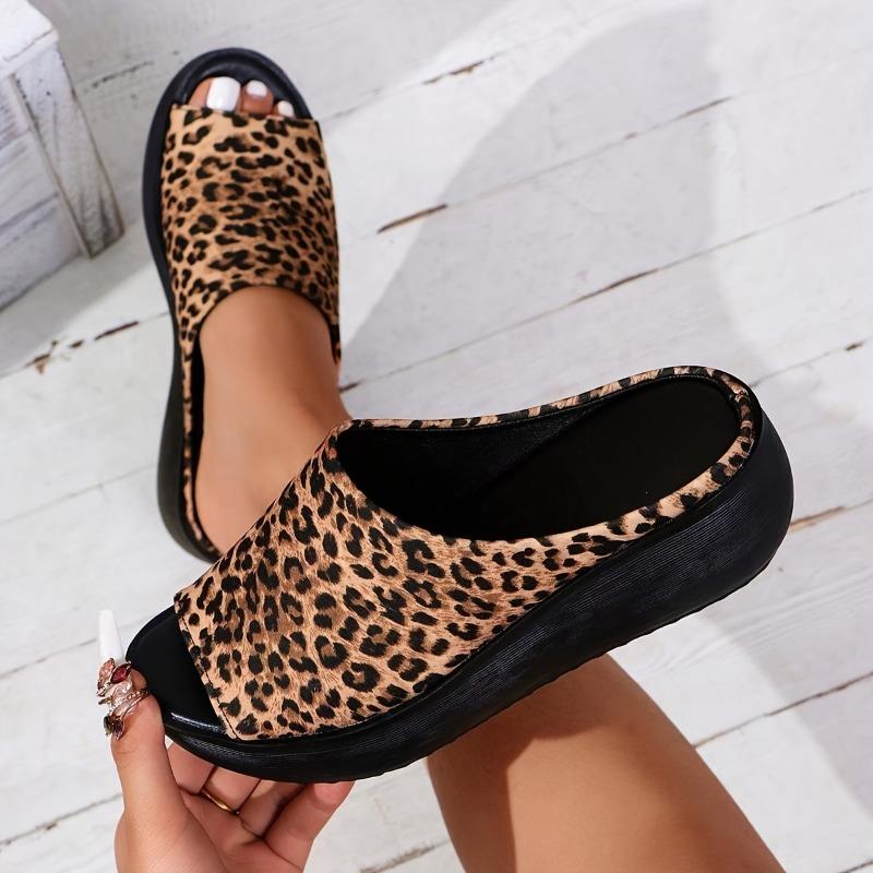 Women's Leopard Print Wedge - Slip-On Open-Toe Platform Slippers with Thick Cushioned Heel, Black & Tan Animal Shoe for Beach, Parties