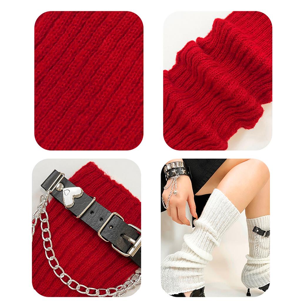 Gothic Punk Leg Warmers Boot Toppers with Heart Chain Leather Belt Ribbed Knit Leg Covers Footless Socks for Women Girls