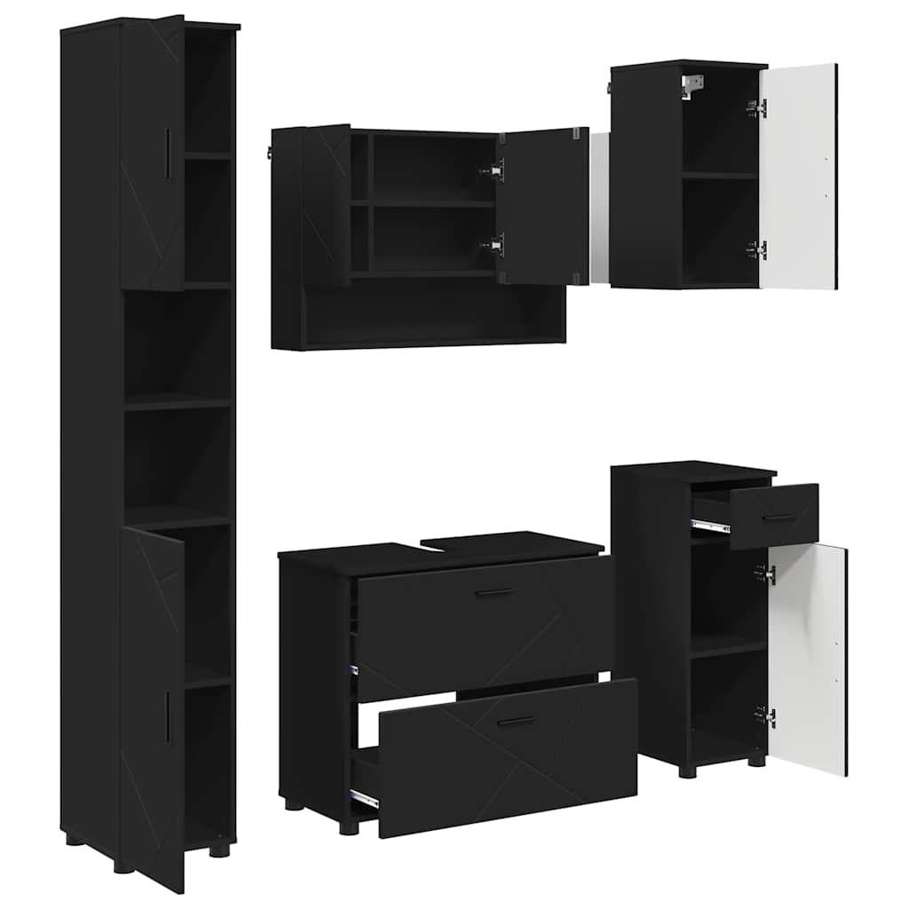 Bathroom Furniture Set with Door 5 Pcs Black Plywood and Metal