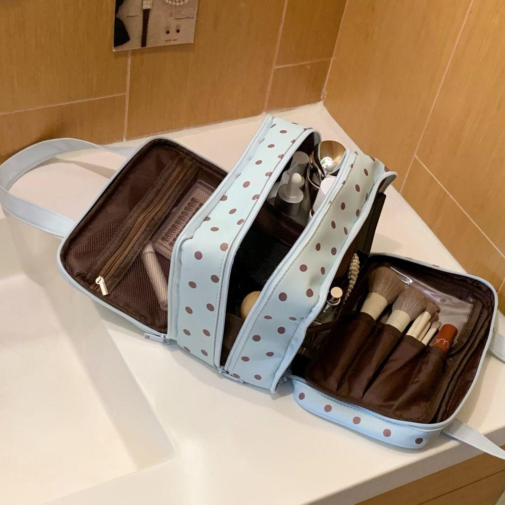 Polka Dot Pu Cosmetic Bag Three Layer Partition Toiletry Organizer Bag Travel Tote  Business
