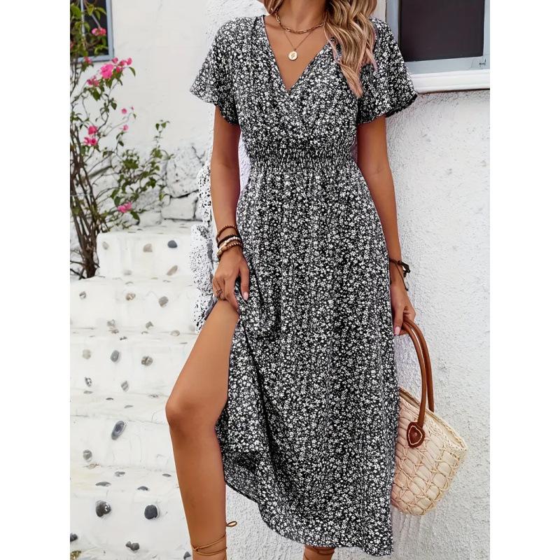 European and American summer new women's sexy skirt V-neck elastic waist short-sleeved dress women