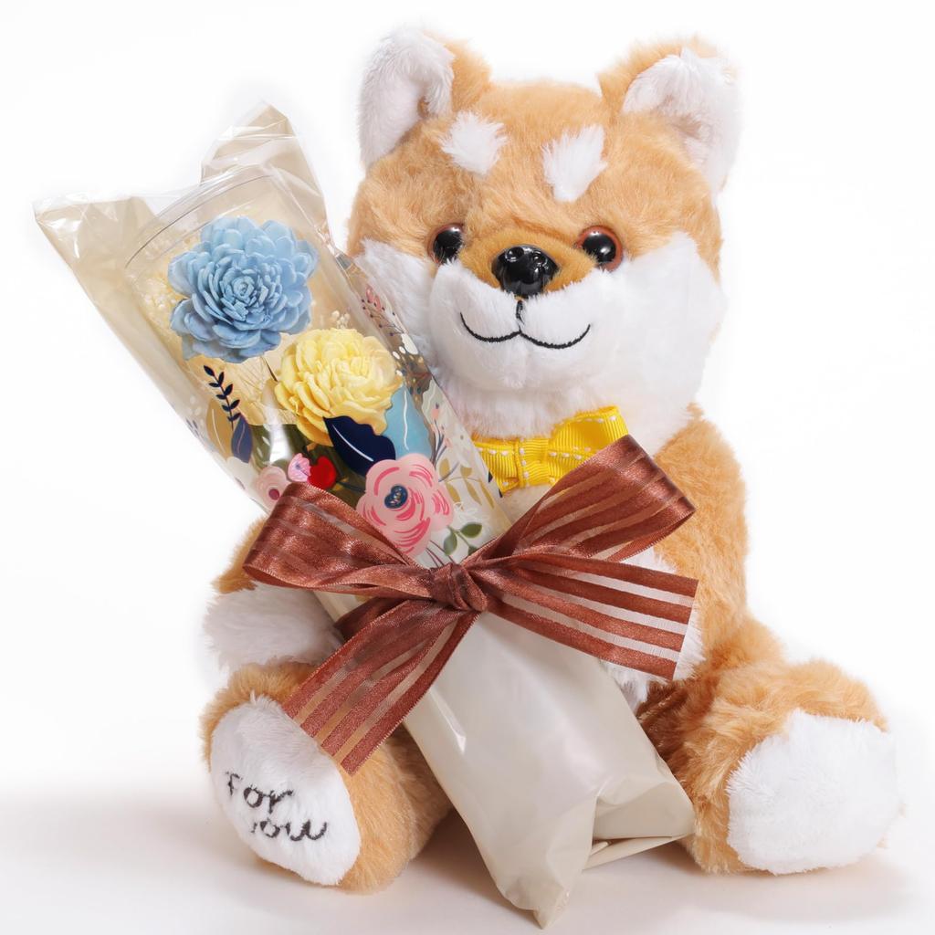 liLYS Preserved Flower Shiba Inu Plush Toy with Single Perfect Gift for and Birthdays Blue x épice Rose, Celebrations, Anniversaries, (Shiba Inu,