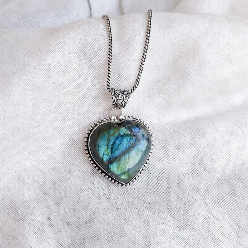 Labradorite Heart Pendant 925 Silver Chain Pendant Crystal Handmade Pendant
