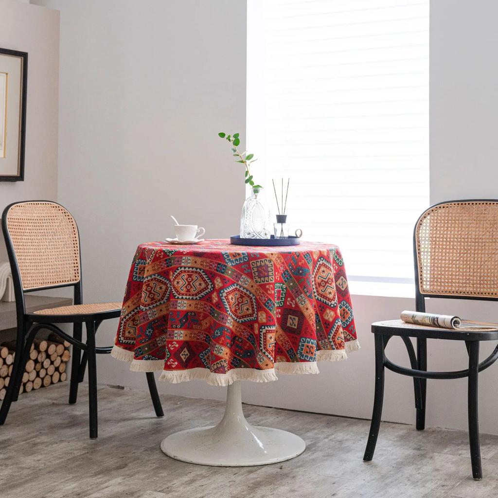 Circular Tablecloth Jacquard Red Christmas Table Cloth Round Thick Dining Table Cover Mexico Bohemian Style Home Kitchen Decor