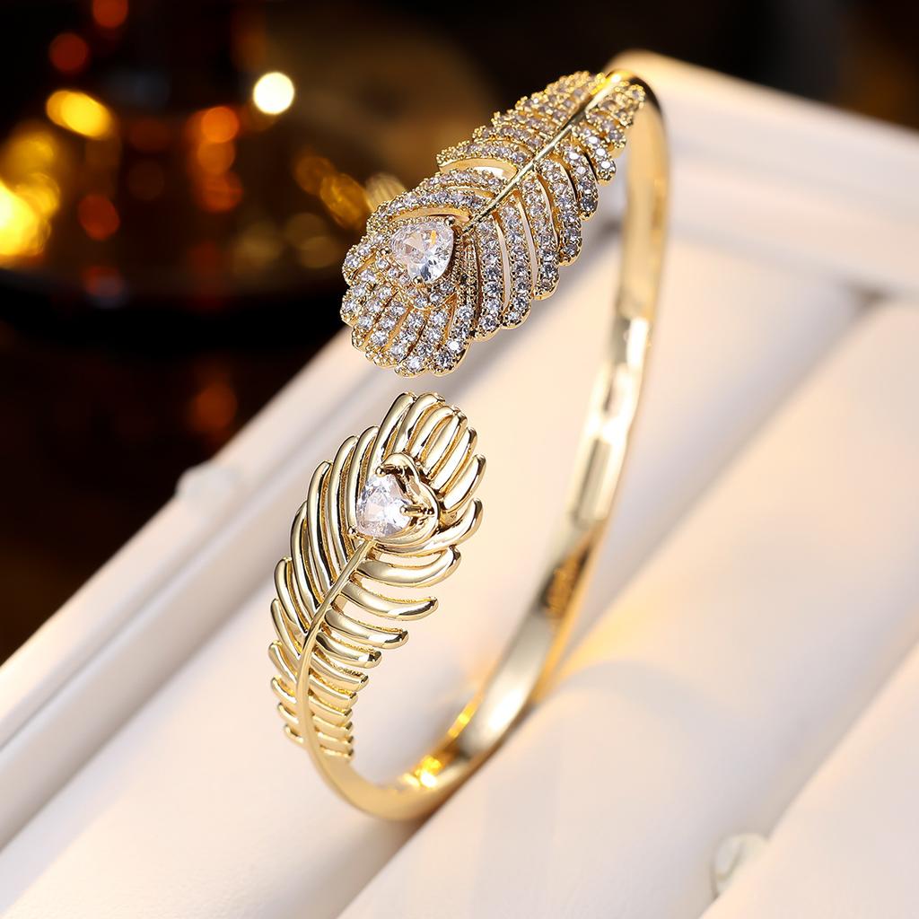 Inlaid Zirconium Open Bracelet European and American Style Asymmetrical Double Feather Exquisite Commuting Versatile Bracelet