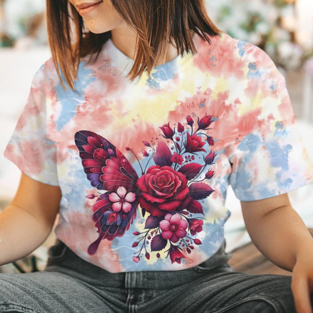 Floral Butterfly Fashion Clothes Summer Spring Flower Tee Ladies Cartoon Clothing Short Sleeve Graphic Women T-shirt Female Top