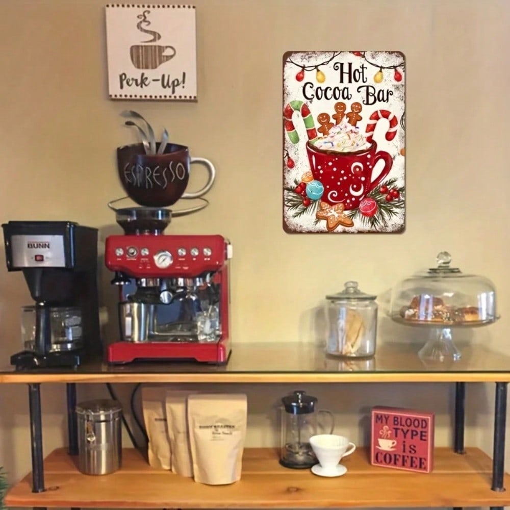 Vintage Christmas Hot Cocoa Bar Tin Metal Sign 8x12 Inch Kitchen Wall Decor with Hanging Holes Weather Resistant