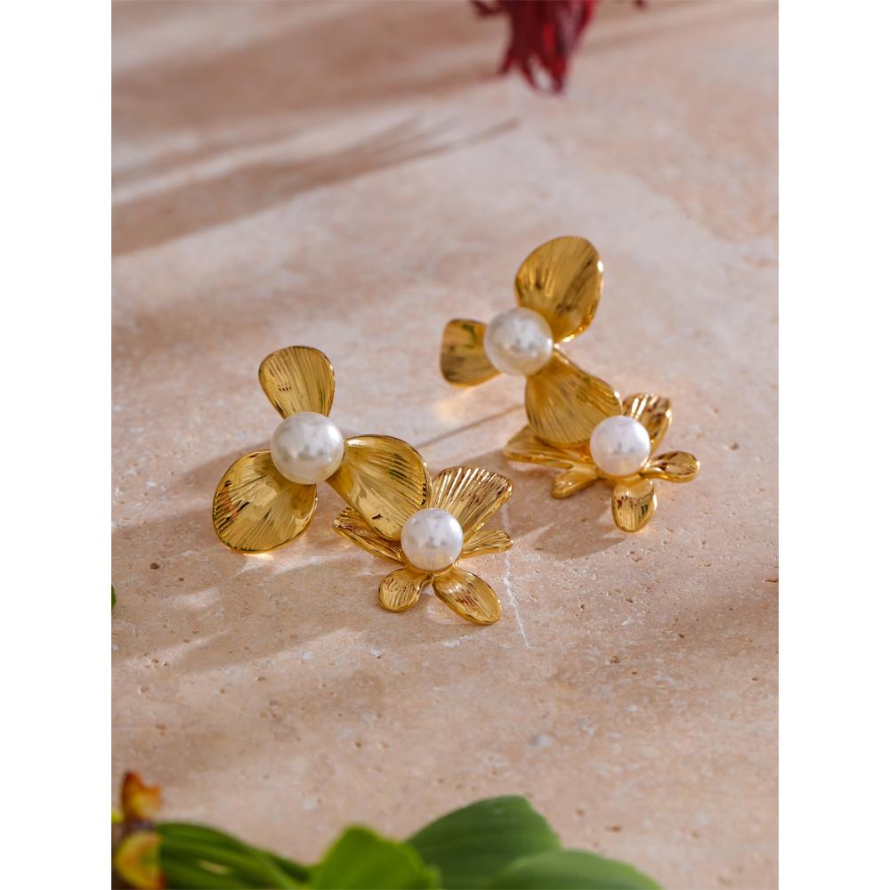 Yhpup Fashion Imitation Pearls Flower Drop Earrings for Women Stainless Steel Korean Style Elegance Popular Jewelry Gift