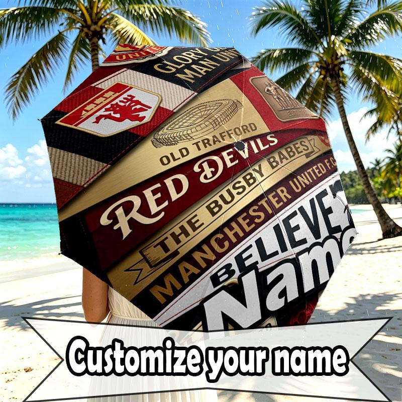 Custom Name Personalized Manchester United Print Umbrella, Auto Open Close, 8‑Rib Sturdy Frame, Commute Camping Hiking Use, Birthday Gift