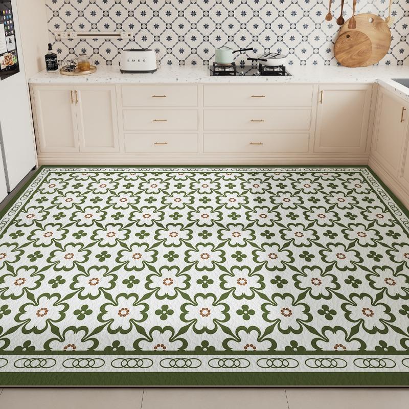 Large PVC Kitchen Floor Mat Waterproof Non-slip Green Rug Geometric Flower Design Home Decoration Rugs Durable Leather Carpet