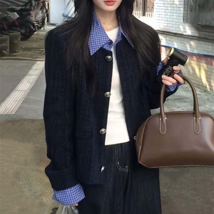 Новое осеннее поступление: Женская двухсторонняя куртка в корейском стиле со вставками и отложным воротником. Посетите, чтобы увидеть товар вживую перед заказом. S