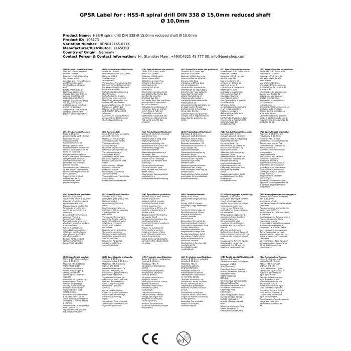 Foret hélicoïdal HSS-R DIN 338 Ø 15,0mm tige réduite Ø 10,0mm