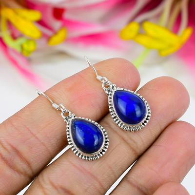 Natural Lapis Lazuli Gemstone 925 Solid Sterling Silver Gift Earring 1.25" p3F14