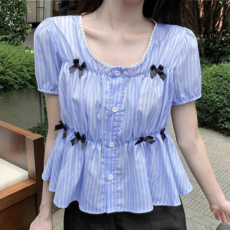 

VONDA Жіночі літні мереживні блузки з круглим вирізом і короткими рукавами в смужку 4XL синій