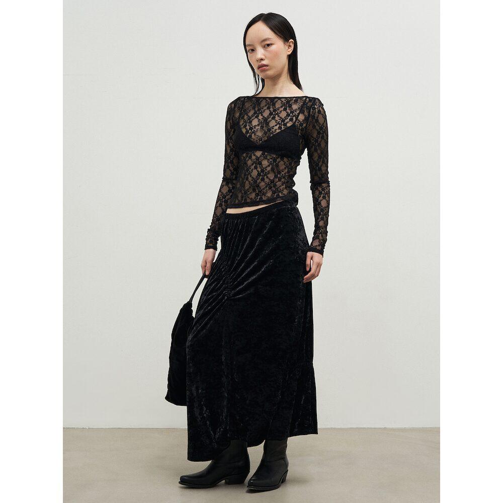 Anggae Asymmetric Washed Velvet Shirring Skirt Black