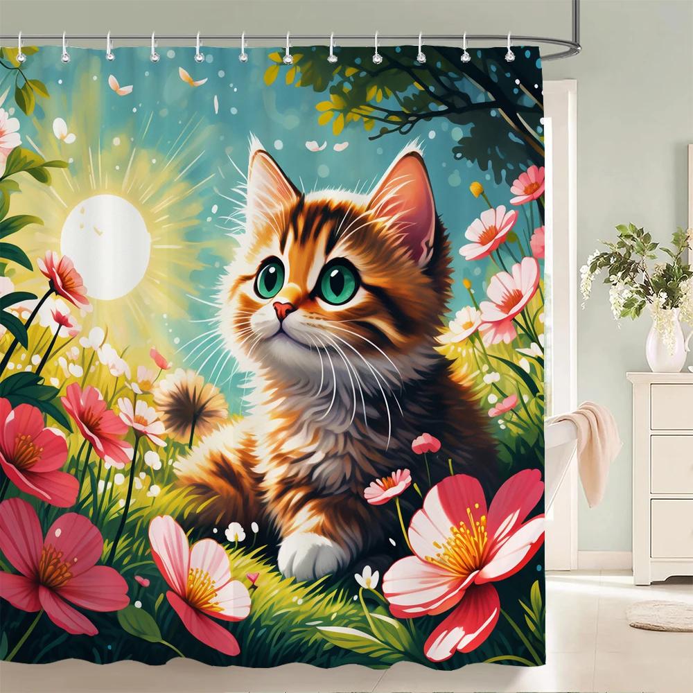 Floral Summer Shower Curtain Cat and Dog Animals Fabric Shower Curtains for Rustic Bathroom Decor Spring Plant Shower Curtain