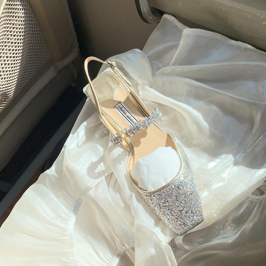 Grape Mother, the Same Spring and Summer Rhinestone One-word Diamond Belt, Empty Square Head, Shallow Mouth, Thick Heel, Bag Head, Mary Jane San