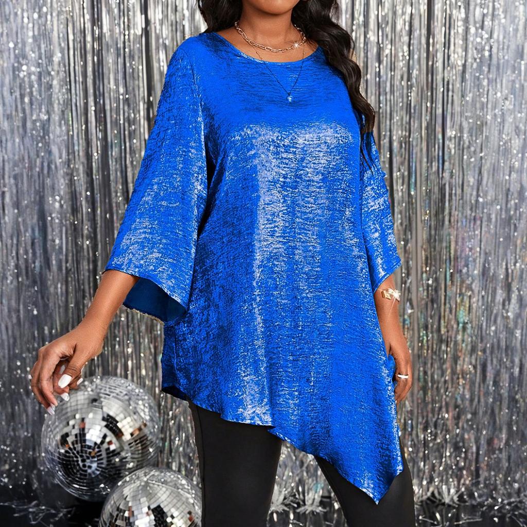 Fashionable Women's Plus Size Loose Round Neck Mid-sleeve Irregular Hem Top