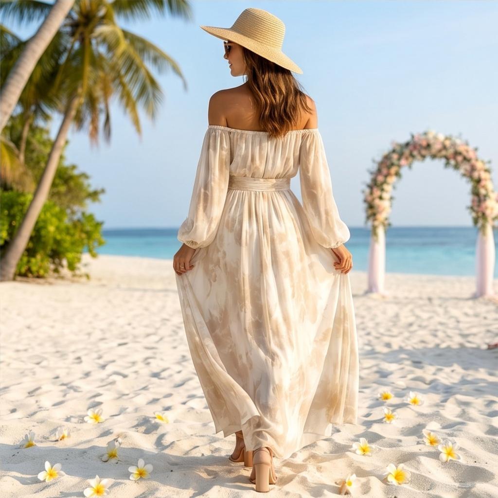 Women's Off Shoulder Tie Print Long Sleeve Fitted Casual Midi Dress