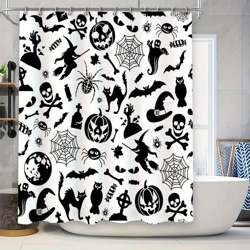 

Spooky Halloween Shower Curtain Black White Skeletons, Bats, Pumpkins More for Your Bathtub or Bathroom Decor 90x180cm