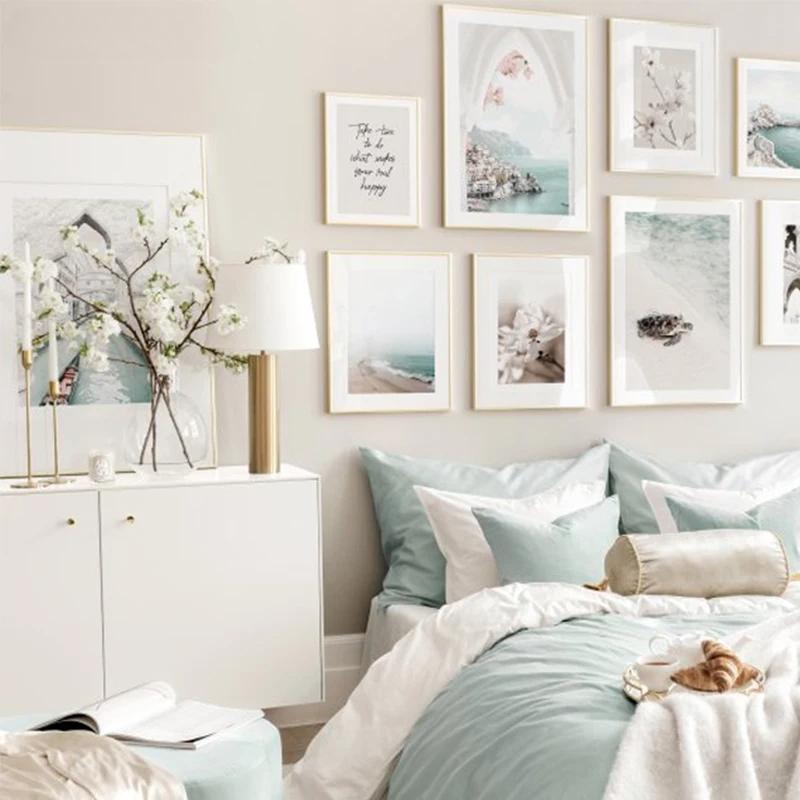 Romantic Blue Beach Posters Coast  Magnolia Flower Print Wall PictureCanvas Painting Nature Theme Blue White Bedroom Decor