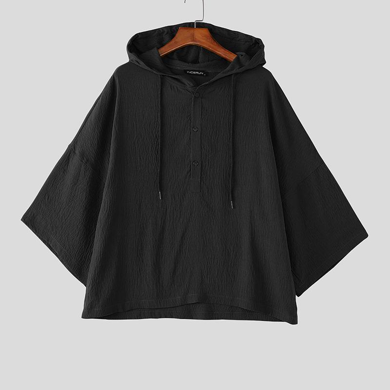 INCERUN Oversized Summer Men Lapel Neck 3/4 Sleeve Buttons Hooded Casual T-shirts Tops S чёрный