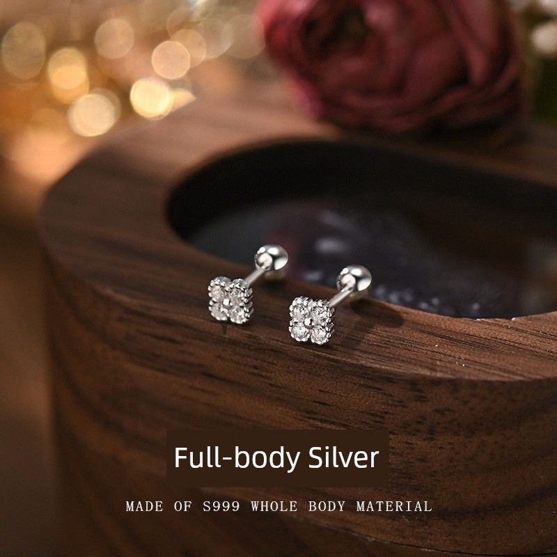 

S999 Sterling Silver Stud Earrings for Women 2025 New Arrival Zircon Clover Earrings Classy Accessible Luxury Ear-Caring Pure Silver Earrings 4mm Clover screw