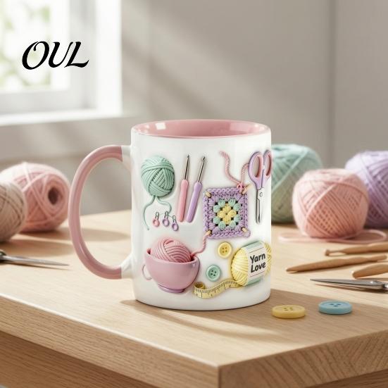 Taza de Cerámica Apta para Lavavajillas, con Diseño de Patrón de Tejido 3D, Gran Capacidad, Práctica para Microondas, Taza de Café Duradera, Taza de Té, para Amantes de las Manualidades