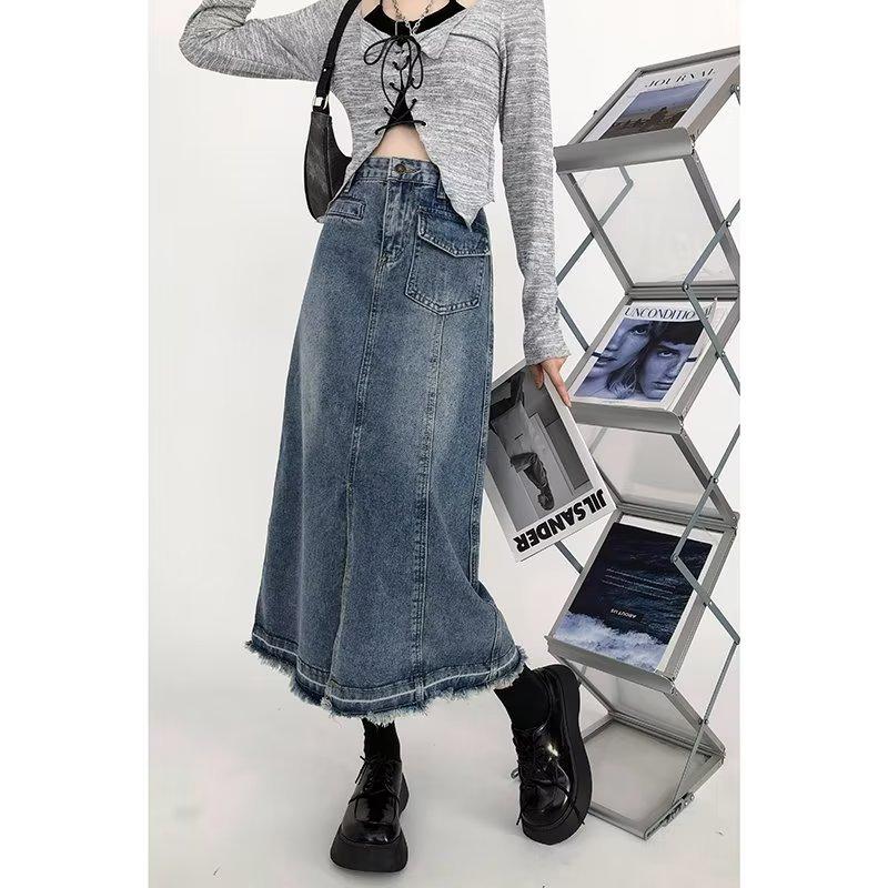 Midi Denim Skirt for Women High Waist Split Korean Style Blue Skirts Spring Summer